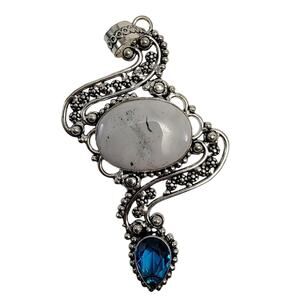 Dendritic Agate Sterling Silver Pendant Necklace with Faceted Blue Stone